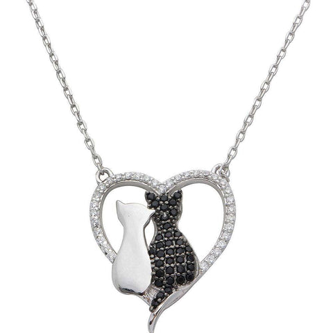 Sterling Silver Rhodium Plated CZ Open Heart With 2 Cat Necklace