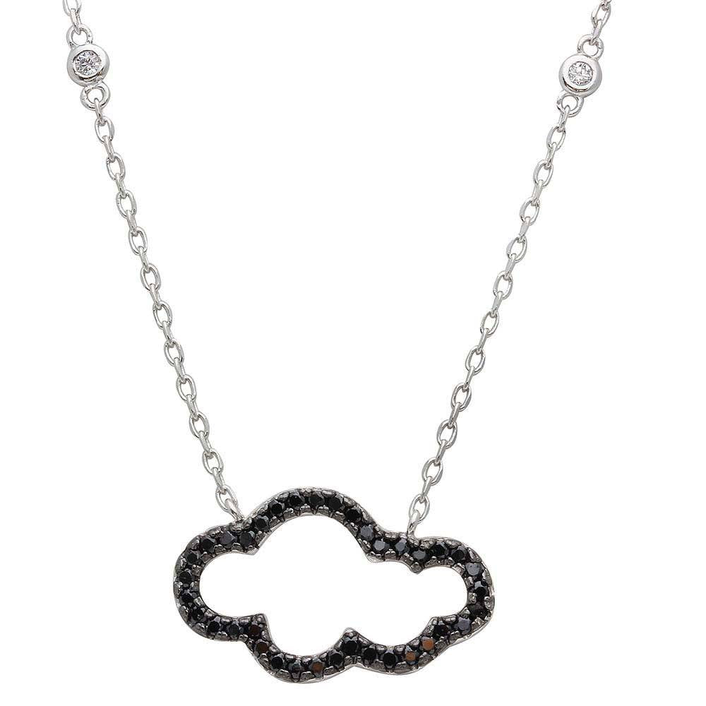 Sterling Silver Rhodium Plated Black CZ Encrusted Open Cloud Necklace