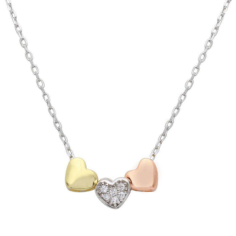 Sterling Silver 3 Toned Heart Charms Necklace