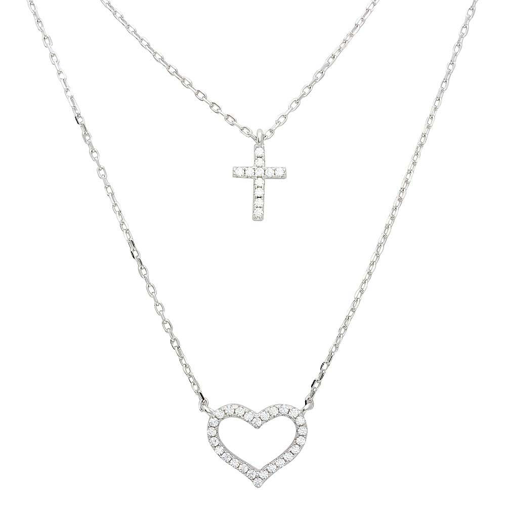 Sterling Silver Rhodium Plated Double Chain CZ Cross And CZ Open Heart Necklace
