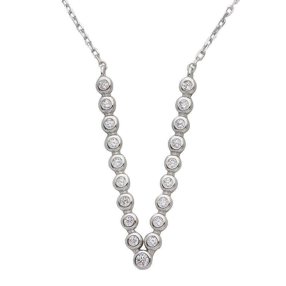Sterling Silver Rhodium Plated Bubble V Shape CZ Necklace