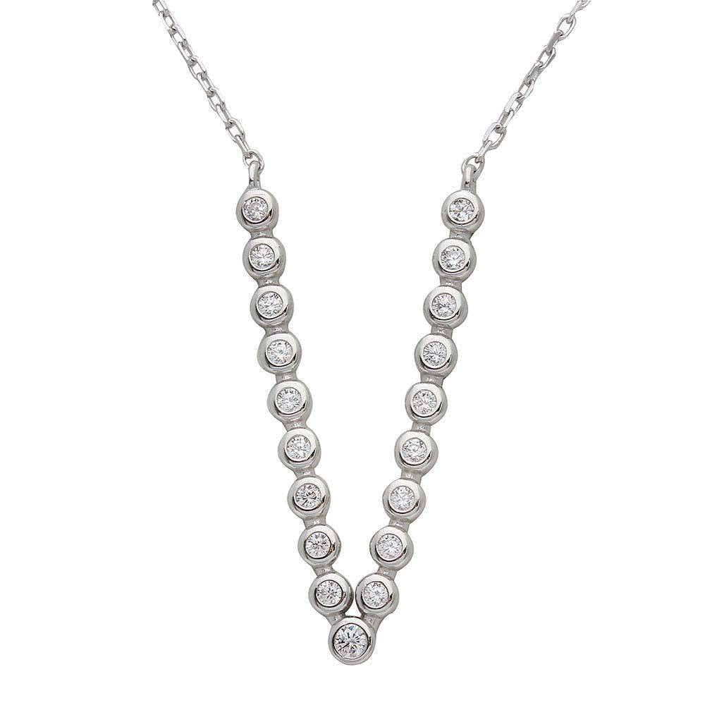 Sterling Silver Rhodium Plated Bubble V Shape CZ Necklace���������