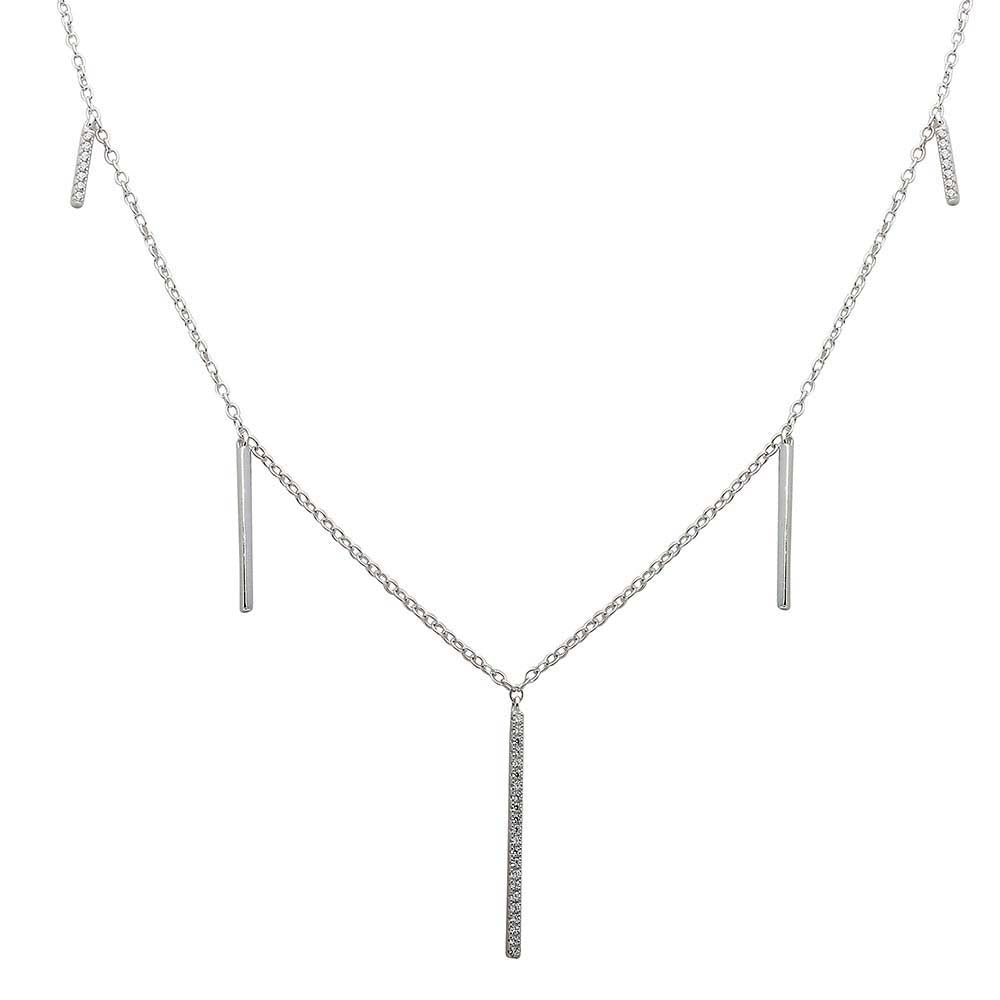 Sterling Silver Rhodium Plated CZ Hanging Bars Necklace