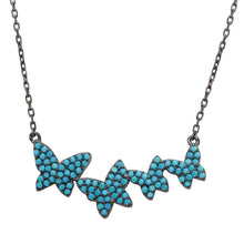 Load image into Gallery viewer, Sterling Silver Black Rhodium Plated Graduated Turquoise Stones Encrusted Butterfly Necklace