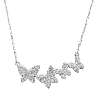 Sterling Silver Rhodium Plated Graduated CZ Encrusted Butterfly Necklace