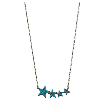 Sterling Silver Black Rhodium Plated Four Star Necklace with Turquoise CZ Stones