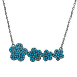 Sterling Silver Black Rhodium Plated 4 Graduated Turquoise Encrusted Flower .925 Necklace