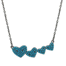 Load image into Gallery viewer, Sterling Silver Black Rhodium Plated 4 Graduated Turquoise Encrusted Heart Necklace