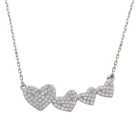 Sterling Silver Rhodium Plated 4 Graduated CZ Encrusted Heart Necklace���������