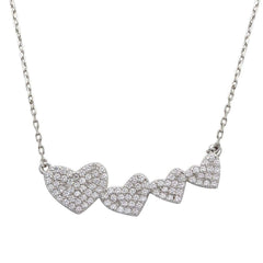 Sterling Silver Rhodium Plated 4 Graduated CZ Encrusted Heart Necklace