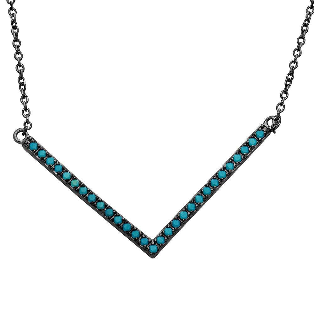 Sterling Silver Black Rhodium Wide V Shape Turquoise Encrusted Necklace