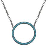 Sterling Silver Black Rhodium Plated Open Circle Turquoise Encrusted Necklace