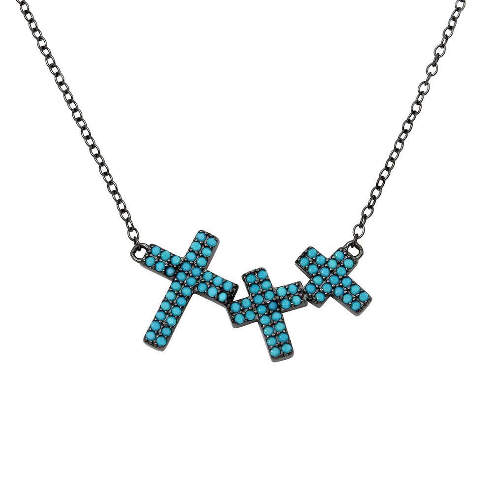 Sterling Silver Black Rhodium���������Plated Side By Side 3 Crosses Turquoise Stones Necklace���������