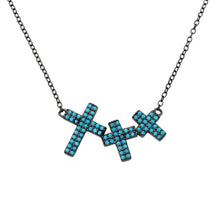 Load image into Gallery viewer, Sterling Silver Black Rhodium���������Plated Side By Side 3 Crosses Turquoise Stones Necklace���������