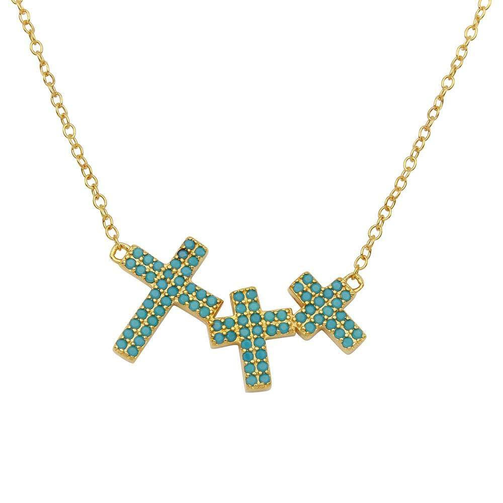 Sterling Silver Gold Plated Side By Side 3 Crosses Turquoise Stones Necklace���������