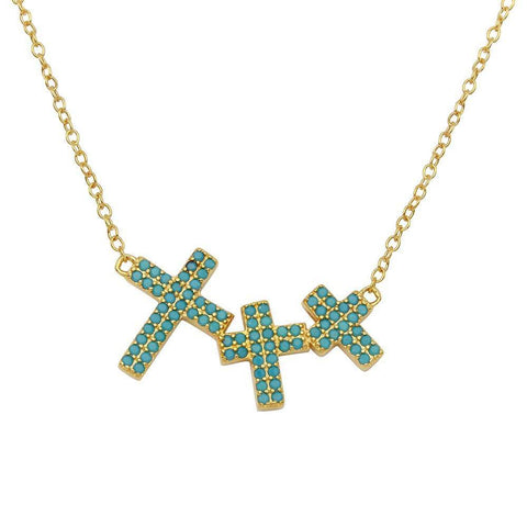 Sterling Silver Gold Plated Side By Side 3 Crosses Turquoise Stones Necklace