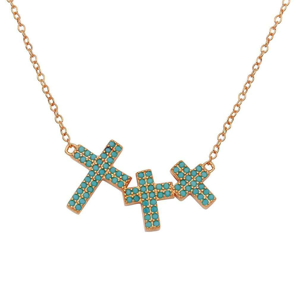 Sterling Silver Rose Gold Plated Side By Side 3 Crosses Turquoise Stones Necklace