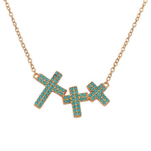 Load image into Gallery viewer, Sterling Silver Rose Gold Plated Side By Side 3 Crosses Turquoise Stones Necklace