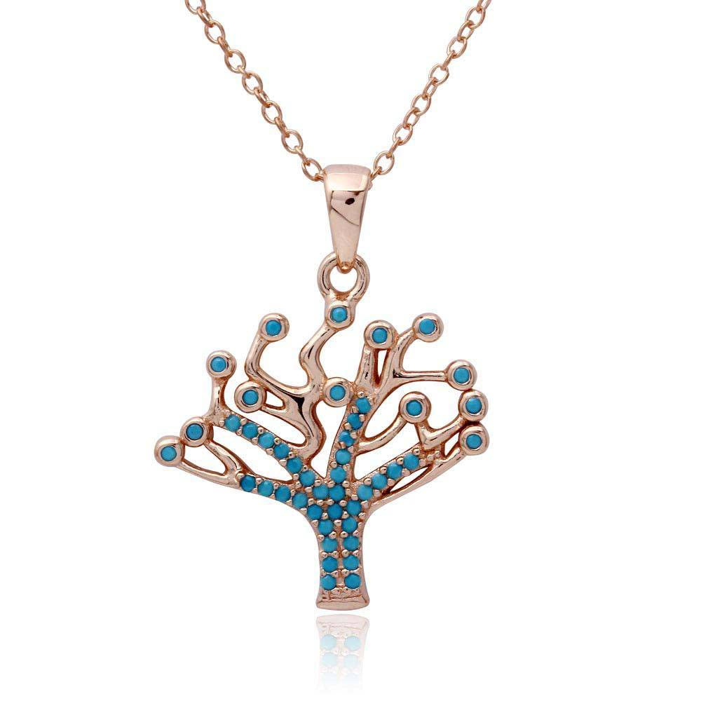 Sterling Silver Rose Gold Plated Turquoise Stones Tree Necklace