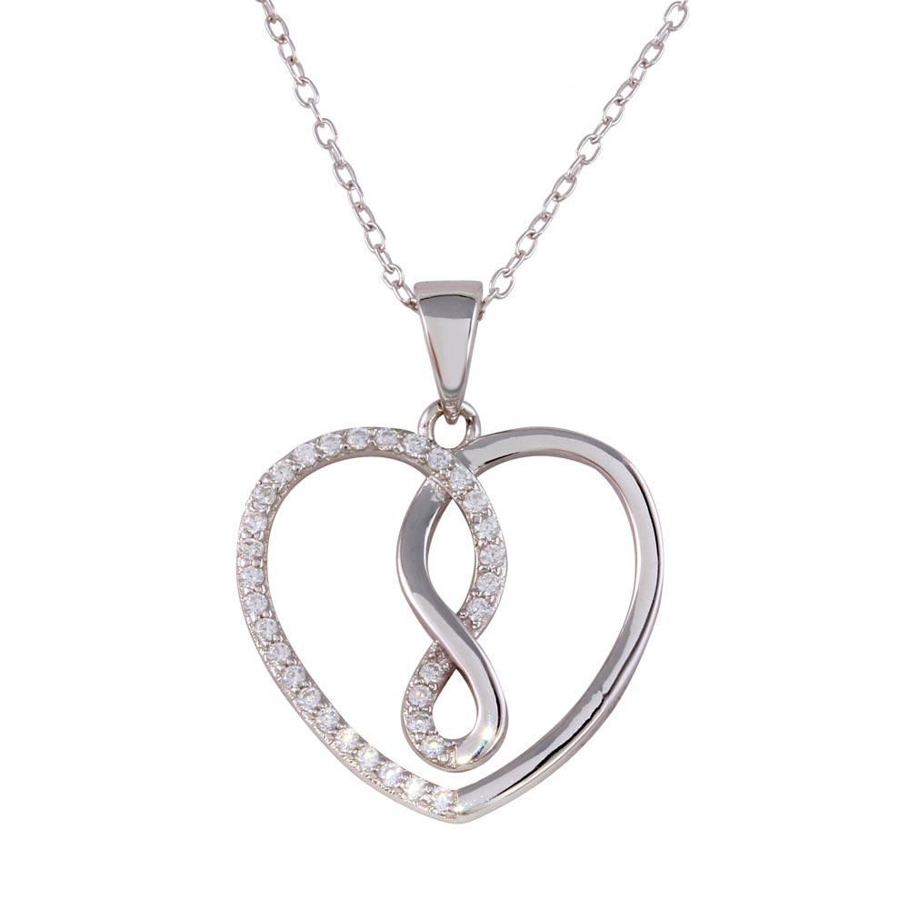 Sterling Silver Rhodium Plated Open Heart Infinity Pendant Necklace with CZ