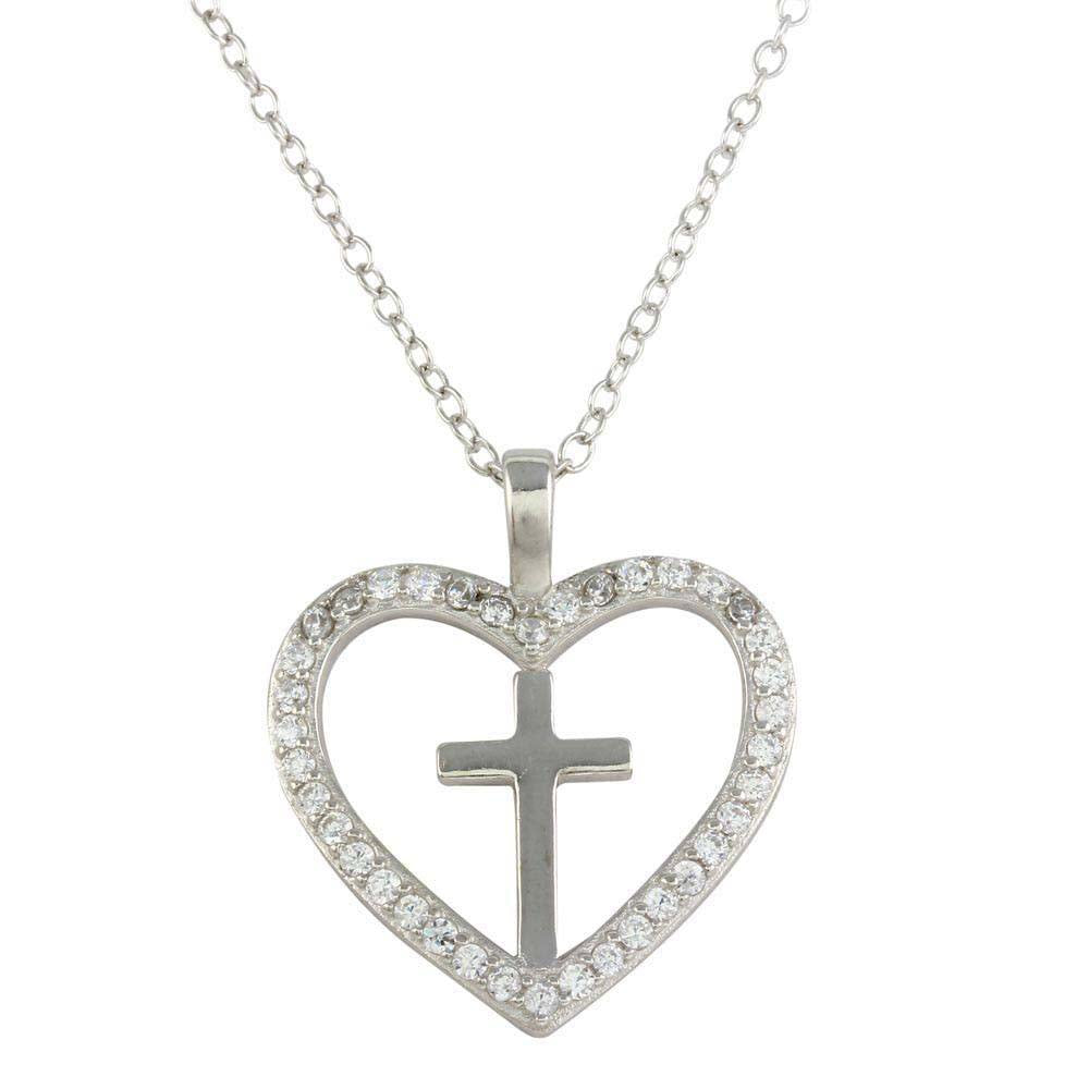Sterling Silver Heart and Cross Necklace with CZ