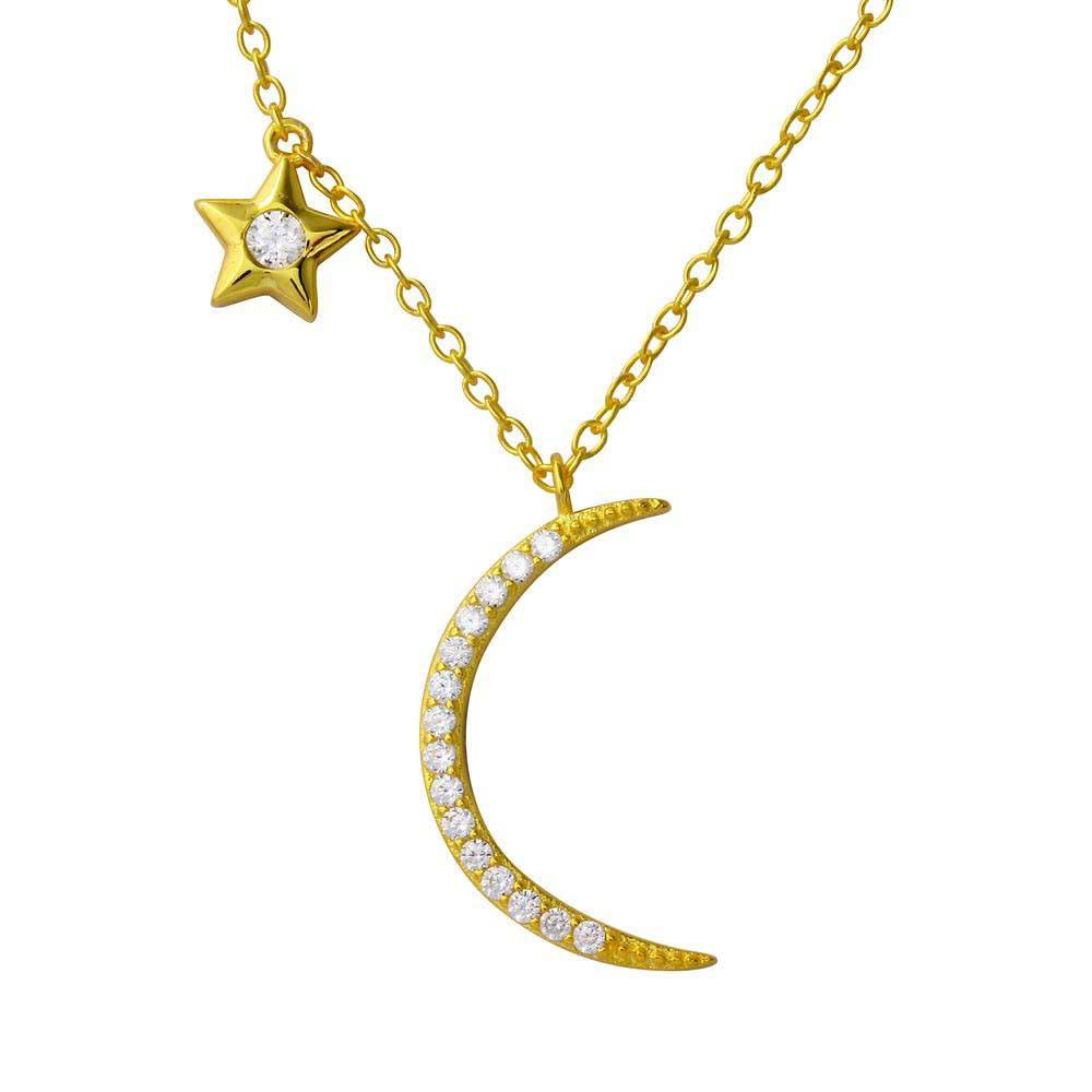Sterling Silver Gold Plated CZ Star and Crecsent Moon Necklace