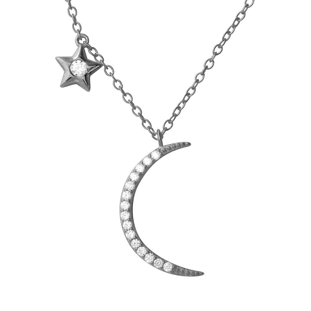 Sterling Silver Rhodium Plated CZ Star and Crecsent Moon Necklace