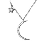 Sterling Silver Rhodium Plated CZ Star and Crecsent Moon Necklace