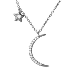 Sterling Silver Rhodium Plated CZ Star and Crecsent Moon Necklace