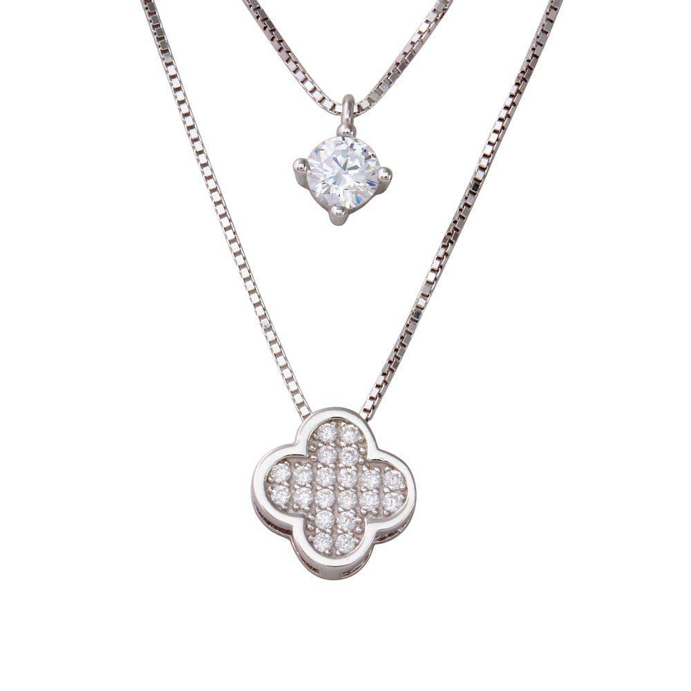 Sterling Silver Rhodium Plated Double Strand Round CZ and CZ Clover Necklace