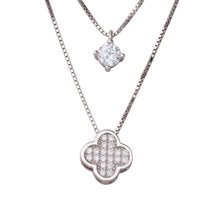 Load image into Gallery viewer, Sterling Silver Rhodium Plated Double Strand Round CZ and CZ Clover Necklace
