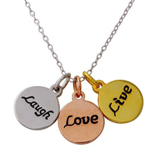 Load image into Gallery viewer, Sterling Silver Tri-Color Plated Live Laugh Love Circle Necklace