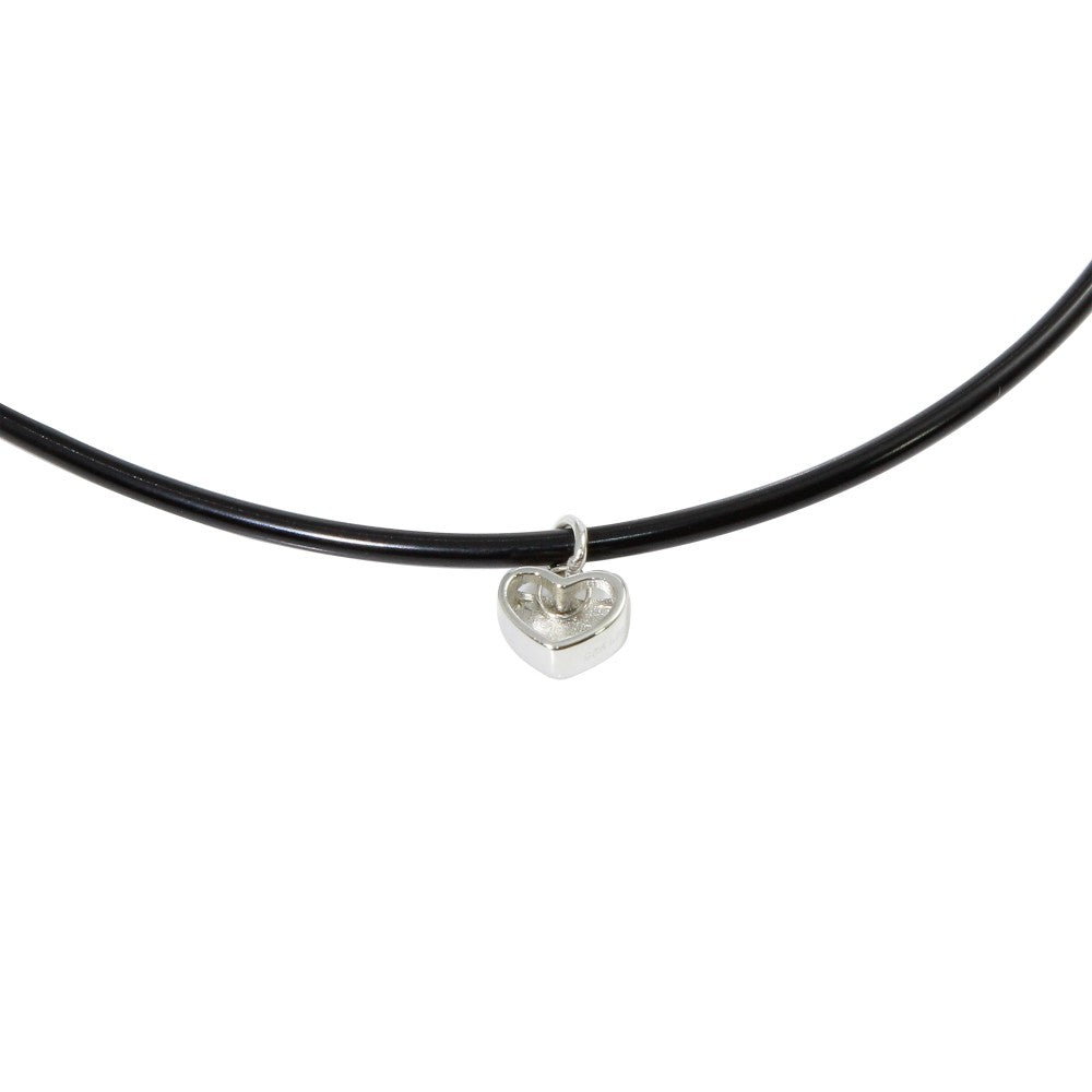 Sterling Silver Rhodium Plated Heart Charm Black Rubber Choker Necklace