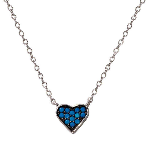 Sterling Silver Rhodium Plated Heart Necklace with Turquoise Beads