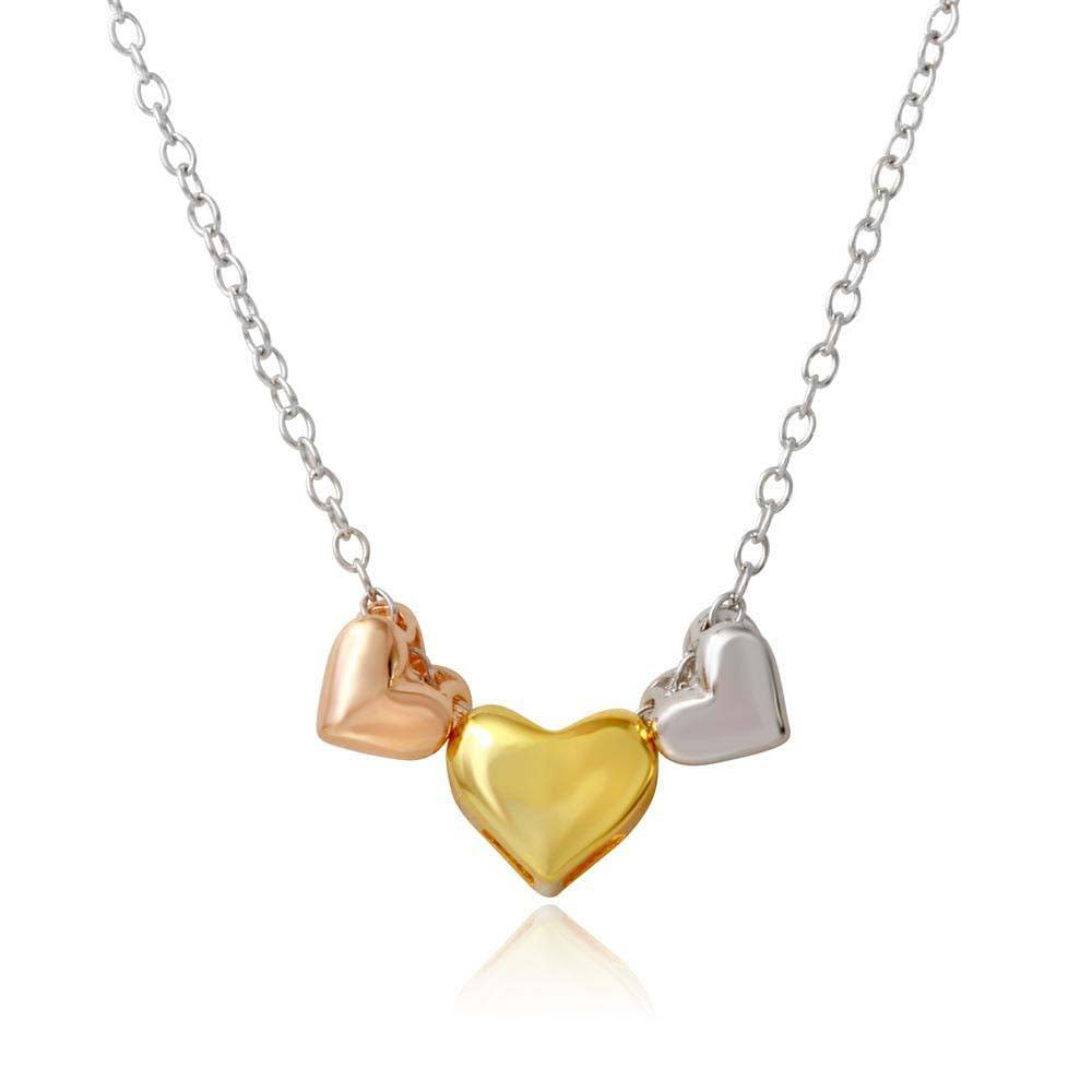 Sterling Silver Tri Color Plated Three Heart Necklace