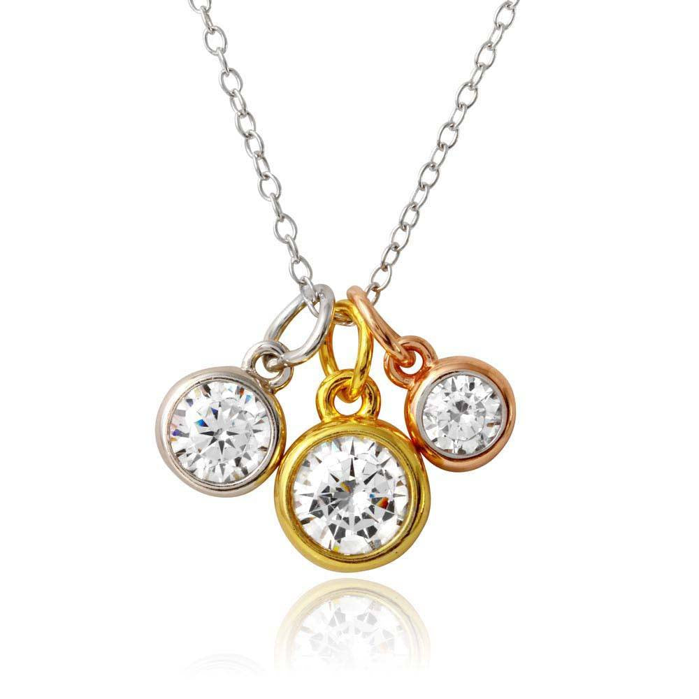 Sterling Silver Tri Color Plated Three Round CZ Necklace