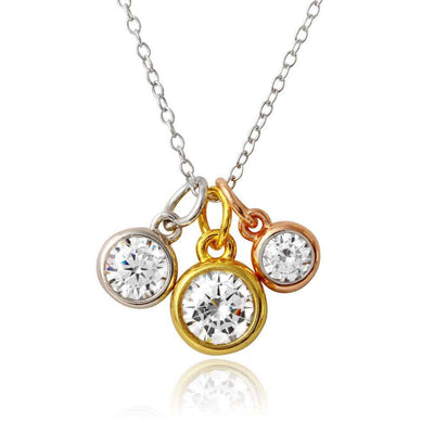 Sterling Silver Tri Color Plated Three Round CZ Necklace