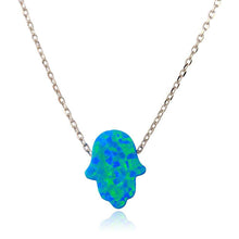 Load image into Gallery viewer, Sterling Silver Rhodium Plated Synthetic Blue Opal Hamsa Necklace