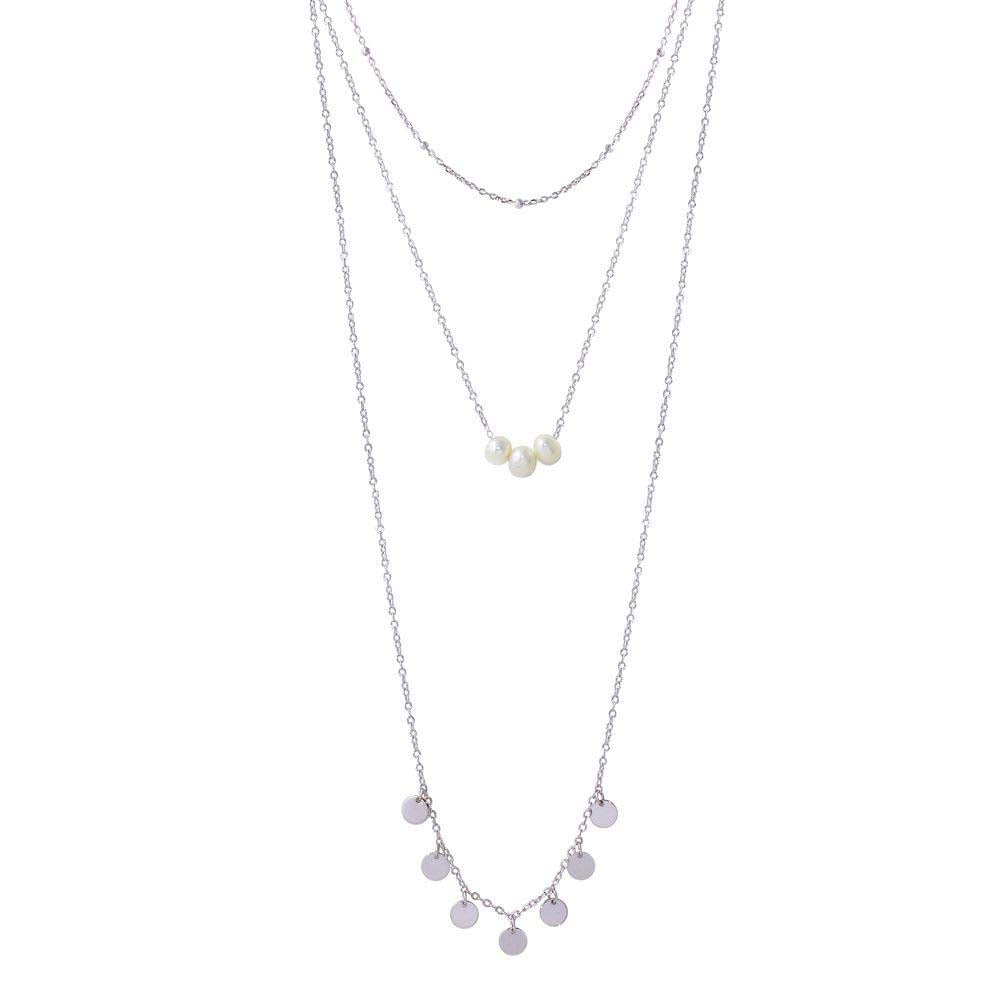 Sterling Silver Rhodium Plated Triple Strand Bead Fresh Water Pearl and Circle Confetti Necklace