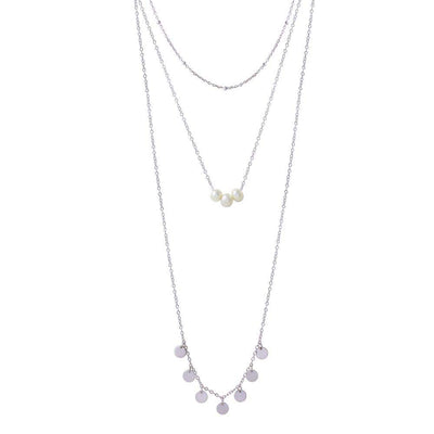 Sterling Silver Rhodium Plated Triple Strand Bead Fresh Water Pearl and Circle Confetti Necklace