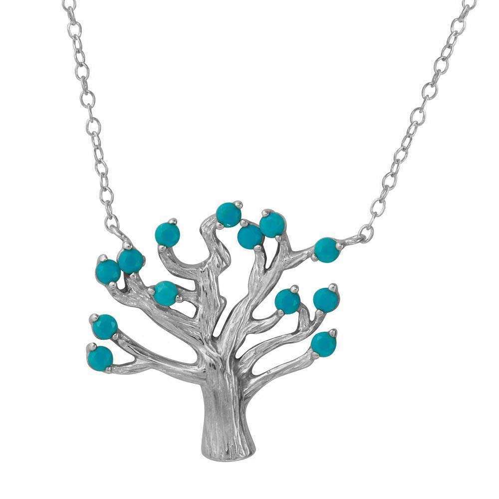 Sterling Silver Rhodium Plated Tree .925 Necklace with Turquoise Beads