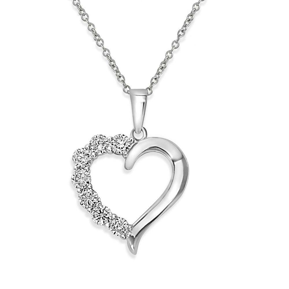 Sterling Silver Rhodium Plated Open CZ Heart Necklace