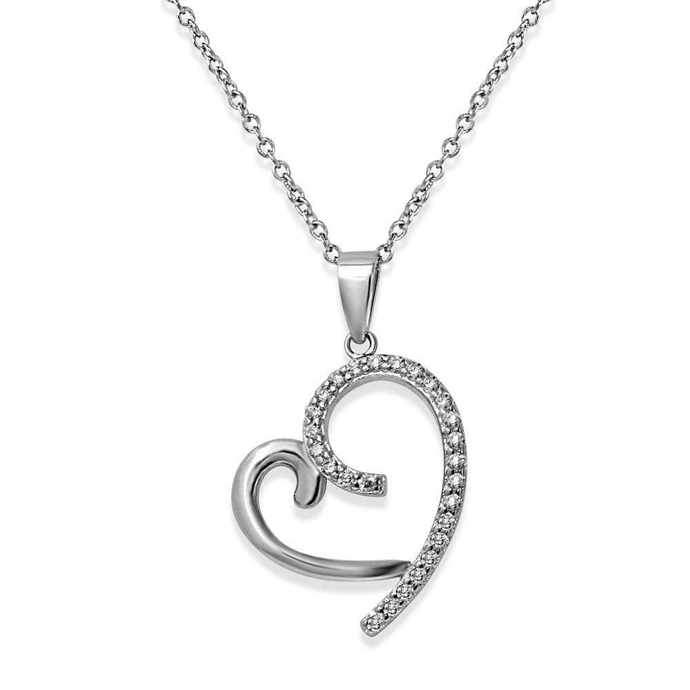 Sterling Silver Rhodium Plated Curved Open Heart CZ Necklace