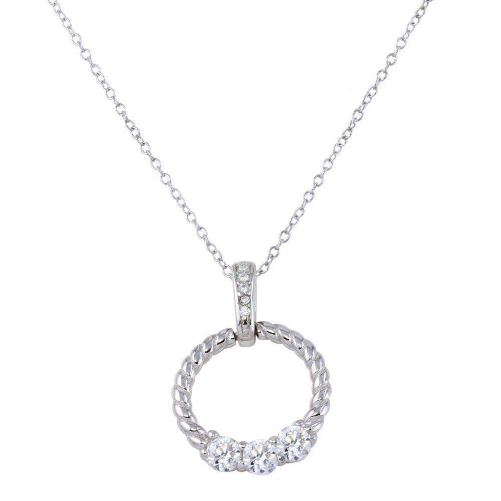 Sterling Silver Rhodium Plated Twisted Round Pendant with CZ Necklace