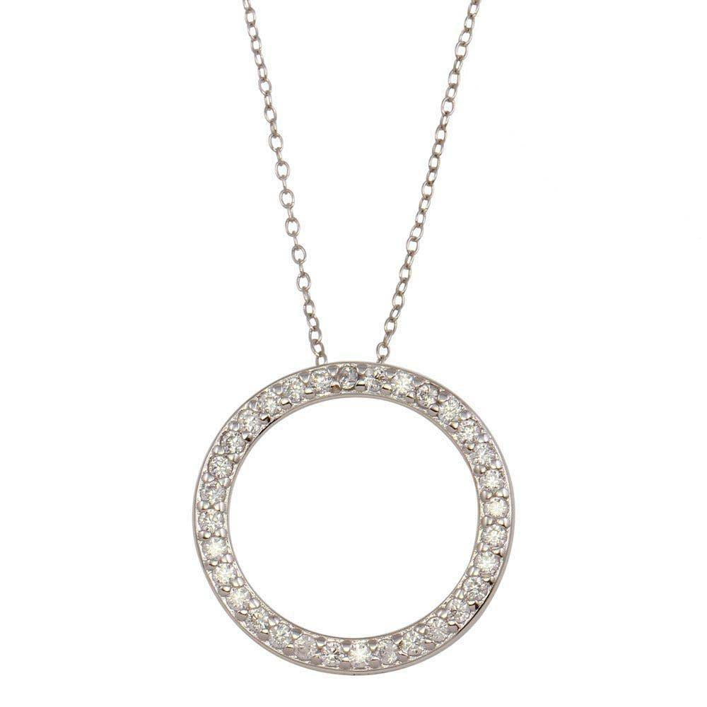 Sterling Silver Rhodium Plated Circle Pendant Necklace with CZ