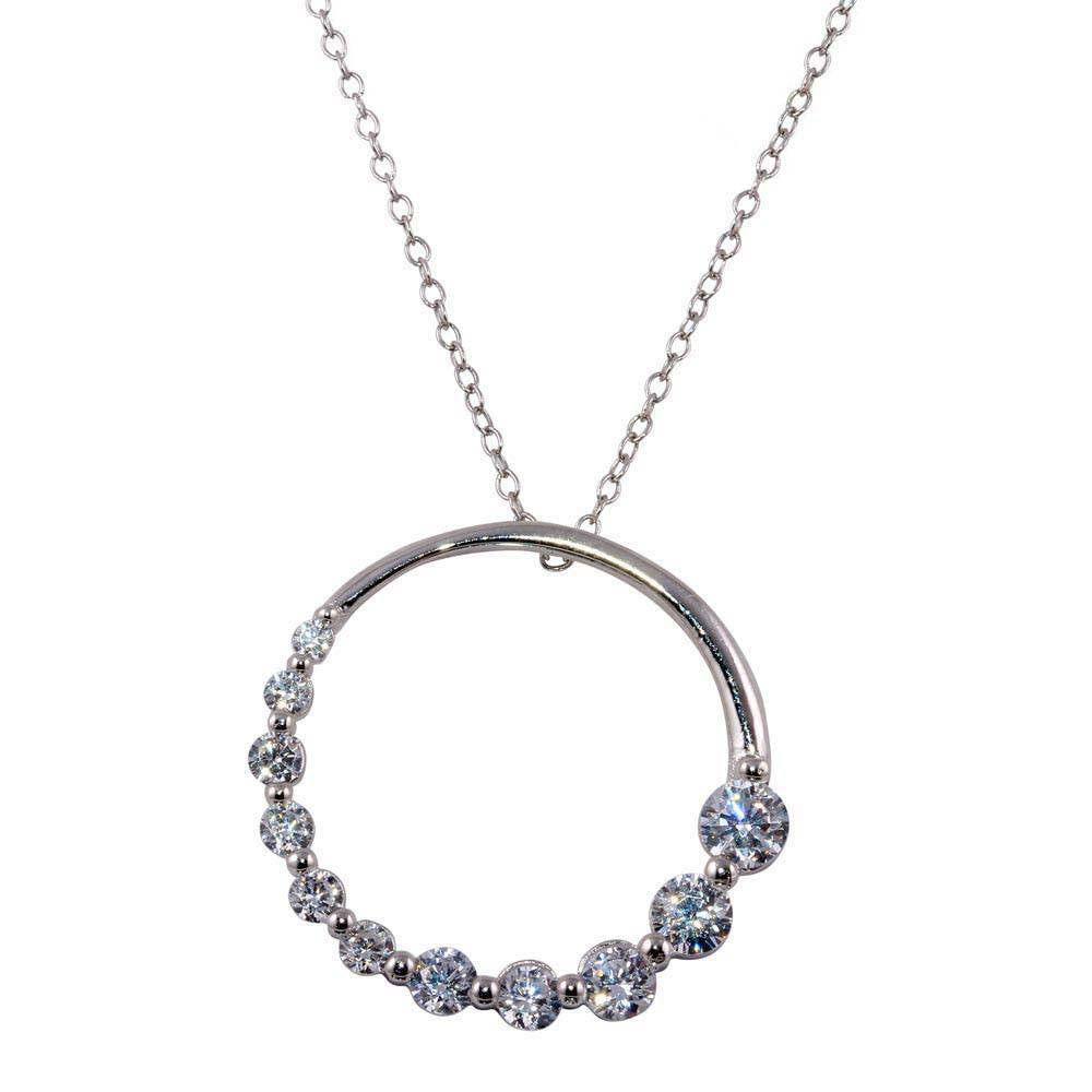 Sterling Silver Rhodium Plated Circle .925 Pendant with Graduated CZ