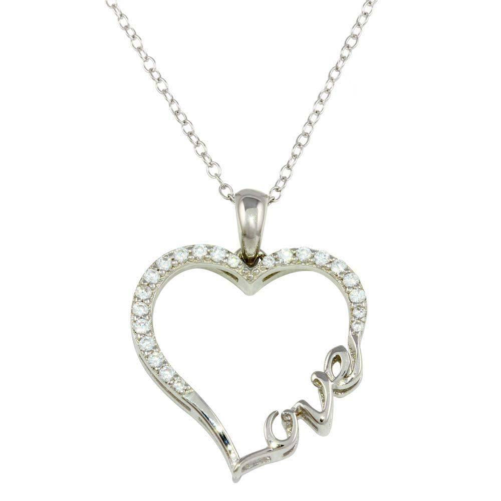 Sterling Silver Rhodium Plated Heart and Love Word Necklace with CZ