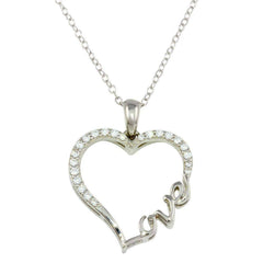 Sterling Silver Rhodium Plated Heart and Love Word Necklace with CZ