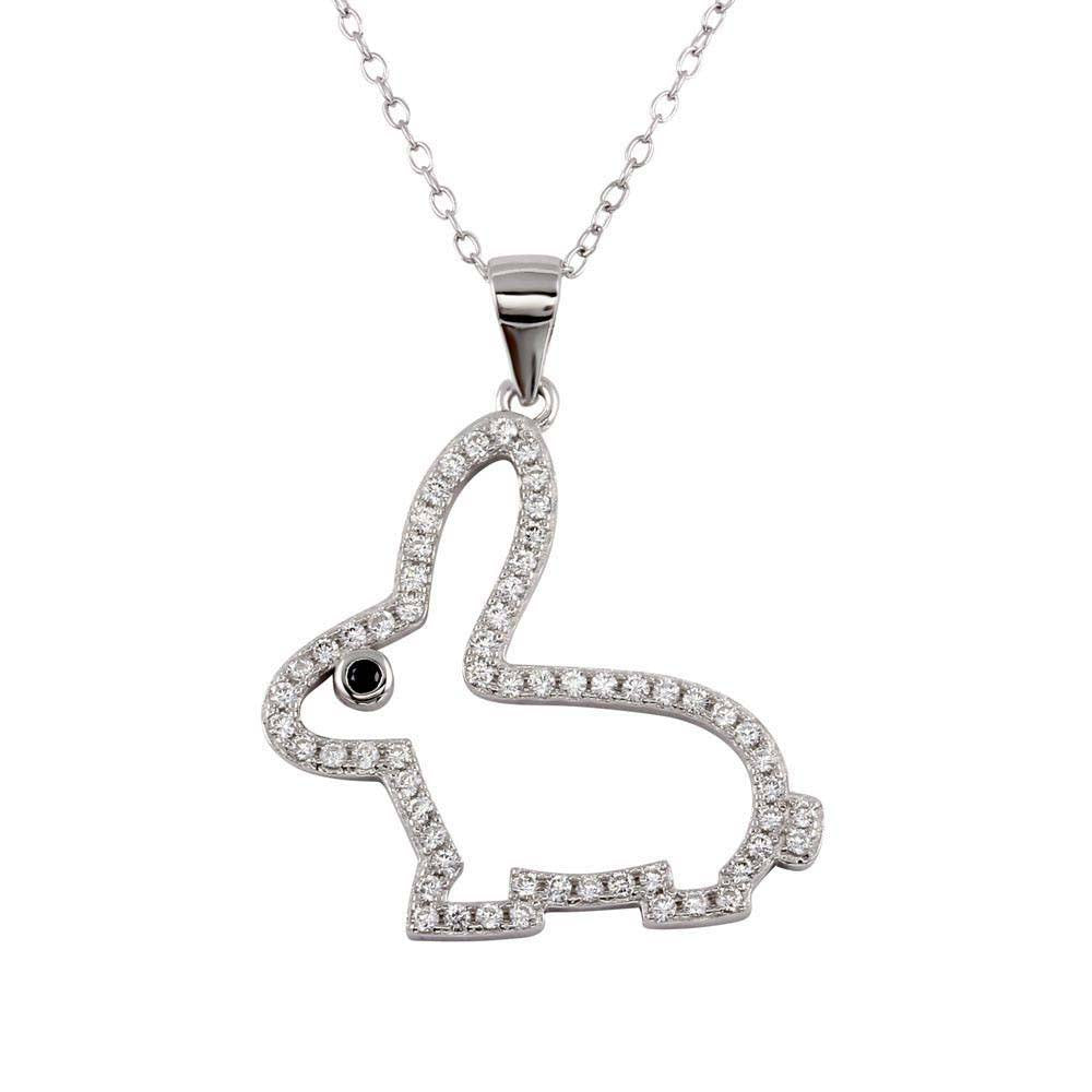 Sterling Silver Rhodium Plated Open Rabbit Pendant with CZ Necklace