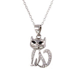 Sterling Silver Rhodium Plated Small Cat Pendant With CZ Stones